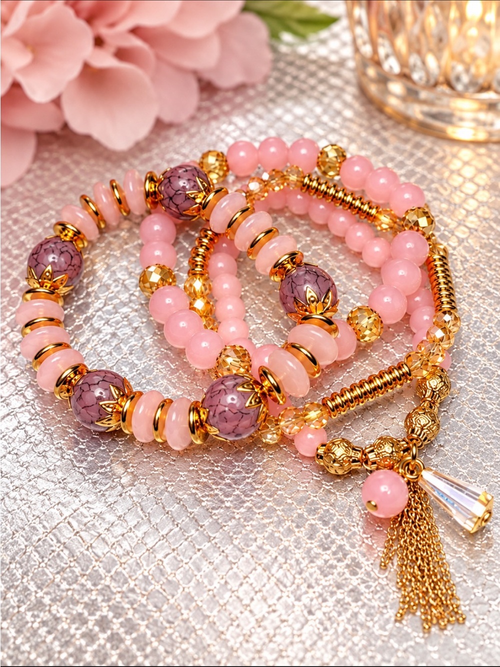 FRIENDSHIP BRACELETS 4 Strands Tan Crystal and Pink Stone Stretchy TAYLOR SWIFT